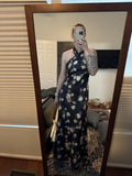 Niulatu Halter Navy Blue Satin Print Long Prom Dress Evening Dress HZ1007