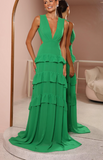 Niulatu Green Deep V Neck Layered Ruffles Evening Dress Backless Long Prom Dress HZ1007