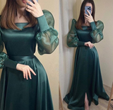 Niulatu Dark Green Satin Evening Dress Long Puff Sleeves Organza Square Neck Formal Prom Party Gowns HZ1007