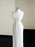 Niulatu White Sequins Pearls Chain Sheath Long Prom Dress Evening Dress HZ1007