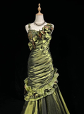 Niulatu Dark Green Irregular Neckline Satin Beaded Evening Dress Ruched Mermaid Prom Dress HZ1007