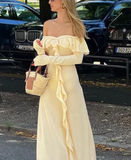 Niulatu Off The Shoulder Ruffles Cream Long Prom Dress Slit Party Evening Dress HZ1007