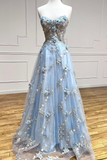 Niulatu Tulle Appliques Long Prom Dress A-Line Strapless Evening Dress HZ1007