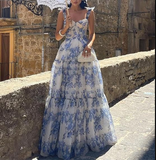 Niulatu Blue Floral Print Long Prom Dress Blue Evening Dress HZ1007