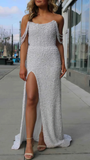 Niulatu Pearl Sequins Mermaid Prom Dresses Off The Shoulder Evening Dress With Split HZ1007