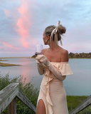 Niulatu Off The Shoulder Ruffles Cream Long Prom Dress Slit Party Evening Dress HZ1007