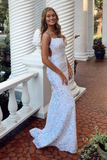 Niulatu Spaghetti Straps Mermaid White Sequin Prom Evening Dress HZ1007