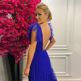 Niulatu Tiered Tulle Deep V Neck Evening Gown Open Back Ruched Sweep Train Backless Side Cut Outs A Line Pleated Prom Dress HZ1007
