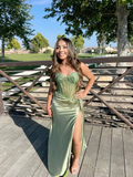 Niulatu Spaghetti Straps Satin Appliques High Slit Prom Evening Dress HZ1007