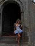 Niulatu A Line V Neck Embroidery Satin Layered Blue Chiffon Homecoming Dress Birthday Dress HZ0113
