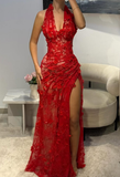 Niulatu Red Sheath V Neck Beaded 3D Floral Lace Prom Dress Evening Dress HZ0113