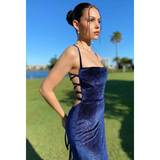Niulatu Spaghetti Straps Navy Blue Velvet Long Mermaid Prom Dress Evening Dress HZ1007