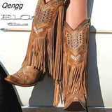 Niulatu Women Boots PU Square Heel Square Toe Slip-On British Style Korean Style Retro Mid-Calf Tassel Rivet Womens Shoes New 46 DJSE