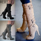 Niulatu Women Platform Buckle Knee High Boots Women's Zip Pumps Autumn Winter Ladies Super High Heels Female Solid Punk Shoes Big Size DJSE