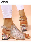 Niulatu Women Summer Fashion Mid Heels Peep Toe Shoes for Women Glitter Sandals Ladies Buckle Strap Bling Rhinestone Sandals DJSE