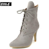 Niulatu Women Boots Winter Shoes High Heels Fashion Leopard Ankle Boots Pointed Toe Casual Shoes Woman Lace Up Ladies Pumps DJSE