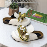Niulatu Women Slipper Women's Sandals New Design Gold Chain Closed Toe Slip On Mules Shoes Flat Heel Square Head Casual Slides Flip Flop DJSE