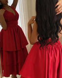 Niulatu Halter V Neck Evening Gown A Line Tiered Satin Prom Dress HZ1007