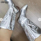 Niulatu Cowgirl Boots for Women 2025 Fashion Slip-on Embroidered Pointed Toe Chunky Heel Mid Calf Western Boots Shinny Shoes DJSE