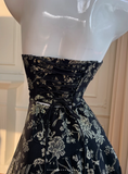 Niulatu Black Halter Satin Print Floral Sequins Evening Dress Long ALine Prom Dress HZ1007