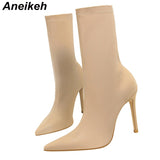 Niulatu Slim Stretch Ankle Boots for Women Pointed Toe Sock Boots Square High Heel Boots Shoes Woman Fashion Bota Feminina 41 DJSE