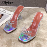 Niulatu PVC Transparent Crystal Sun Flowers Buckle Womens Slippers Summer Square Toe Ladies Strange High Heels Sandals Shoes DJSE