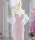 Niulatu Pink Mermaid Spaghetti Straps Beading Prom Evening Dress HZ1007