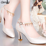 Niulatu Bridal Shoes for Women Autumn Round Toe Block Heels Rhinestone Pearl Platform High Quality Pumps Woman's Shoes DJSE