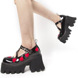 Niulatu to College Round Toe Heart Print Ankle Strap Chunky Goth Platform Women Shoes Trendy Punk Marry Janes Pumps Square Heels Street Style DJSE