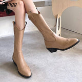 Niulatu Autum Women Knee High Boots Mid-Calf Heels Cowboy Boots Women Pointed Toe Shoes Female Winter Zipper Boots Plus Size DJSE