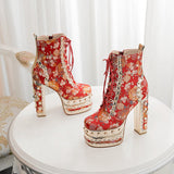 Niulatu crystal super high heels wedding party shoes women's silk embroidery flower platform ethnic Ankle boots FT1736 DJSE