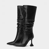 Niulatu Sexy Women Knee High Pleated Boots Warm Winter Fashion Black Mid Calf Boots Woman's Comfort Noble Stiletto Shoes Big 43 DJSE