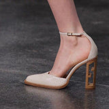 Niulatu Personality Hollow Wood Grain High-Heel Leather Sandals Retro Special-Shaped Heel Hollow Toe Cap Fashion Shoes DJSE