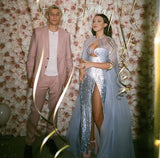 Niulatu Mermaid Strapless Sequin Long Silver Slit Prom Dresses Evening Dress HZ1110