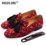 Niulatu Mens Tassel Loafers Sequin Casual Shoes British Style Gentleman Wedding Dress Shoes Red Breathable Men Party Dinner Formal Shoes DJSE