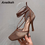 Niulatu Sandy Beach Mesh Hollow Summer Sandals Women Travel Cross-Tied Thin Heels High Shoes 2025 Sexy Zapatillas Mujer DJSE