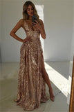 Niulatu V-Neck Prom Dress Sequins Split Sleeveless Evening HZ1007