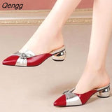 Niulatu Slippers Middle Heel 2025 Summer New Red Fashion Outer Wear Thick Heel Color Matching Lazy All-match Women's Shoes DJSE