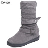 Niulatu Women Autumn Winter Womens Boots Low Wedge Buckle Biker Trim Flat Mid Calf Boots Shoes Girls Ankle Boots DJSE
