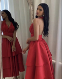 Niulatu Halter V Neck Evening Gown A Line Tiered Satin Prom Dress HZ1007