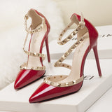 Niulatu with Thin 10CM Heel High Heel Shallow Pointed Head Rivet Hollow Word Belt PUMPS Simple Women's Shoes DJSE