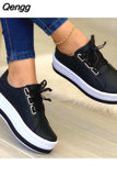 Niulatu Fashion Women Flats Solid Skateboard Shoes Comfortable Casual Pu Sneakers Female Platform Lace-Up Sneakers Footwear DJSE