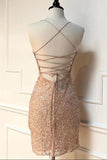 Niulatu Straps Tight Peach Sequins Short Homecoming Dress HZ0113