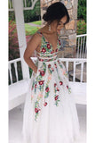 Niulatu V Neck Floral Embroidery Long Lace Prom Dress with Pocket HZ0113
