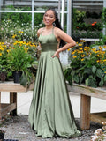 Niulatu green satin long prom dress, green evening dress HZ0113