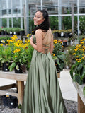 Niulatu green satin long prom dress, green evening dress HZ0113