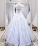 Niulatu blue tulle lace long prom dress, blue evening dress HZ0113