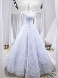 Niulatu blue tulle lace long prom dress, blue evening dress HZ0113