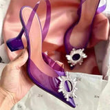 Niulatu New arrival burgundy pointed transparent sandals new stiletto rhinestone sexy Baotou high heels Wedding Shoes DJSE