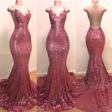 Niulatu Back Spaghetti Straps V-Neck Mermaid Sequins Long Prom HZ1007